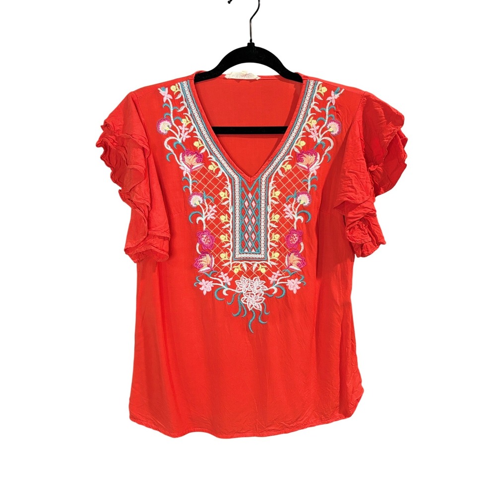 Solitaire Red Embroidered V-Neck Ruffle Sleeve Blouse Womens Small Boho Top